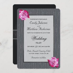 Roze Rose Ribbon Silver Glow Wedding Uitnodiging