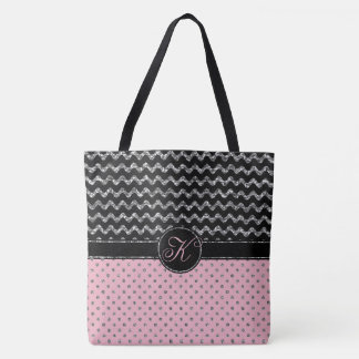 Roze Rose Silver Black Glitter Chevron Monogram Draagtas