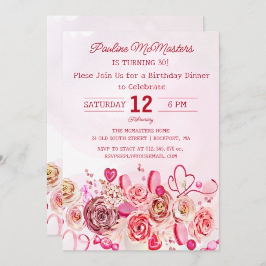 Roze Rose Swirly Hart 30ste Verjaardag Diner Kaart (Voorkant / Achterkant)