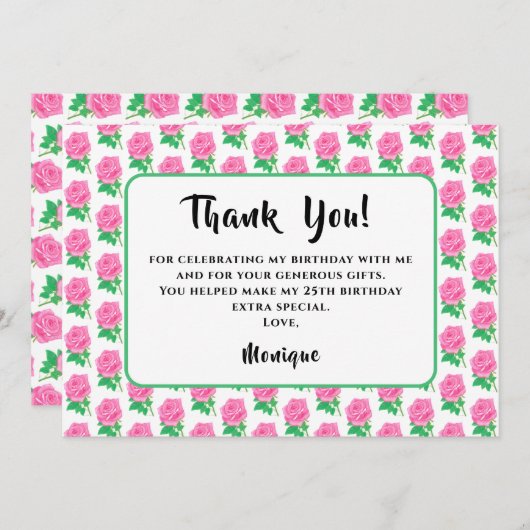 Roze Rose Verjaardag Dank u kaart (Voorkant / Achterkant)