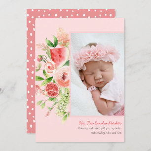 Roze Rose Watermelon Modern Elegant Floral Birth Aankondiging