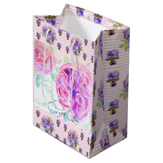 Roze Rose Waterverf Lila Rozen Bloem Bloem Medium Cadeauzakje (Voorkant Gekanteld)