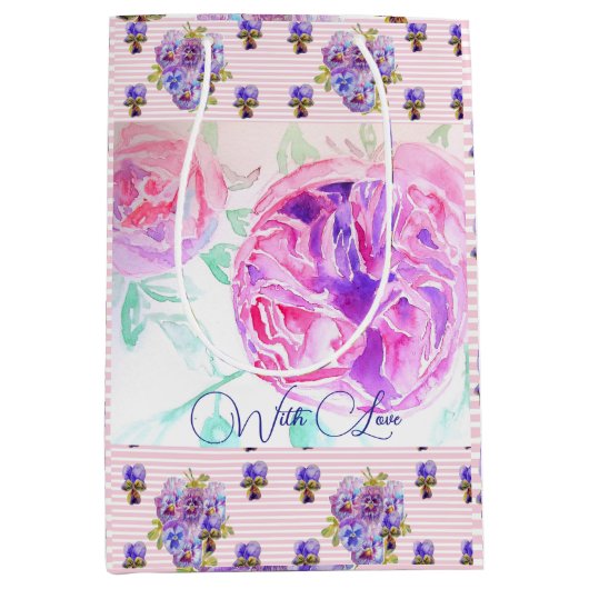 Roze Rose Waterverf Lila Rozen Bloem Bloem Medium Cadeauzakje (Voorkant)