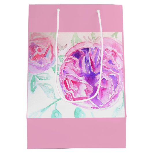 Roze Rose Waterverf Lila Rozen Bloem Bloem Medium Cadeauzakje (Achterkant)