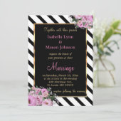 Roze Rose Wedding Zwart & Wit Stripe Kaart (Staand voorkant)