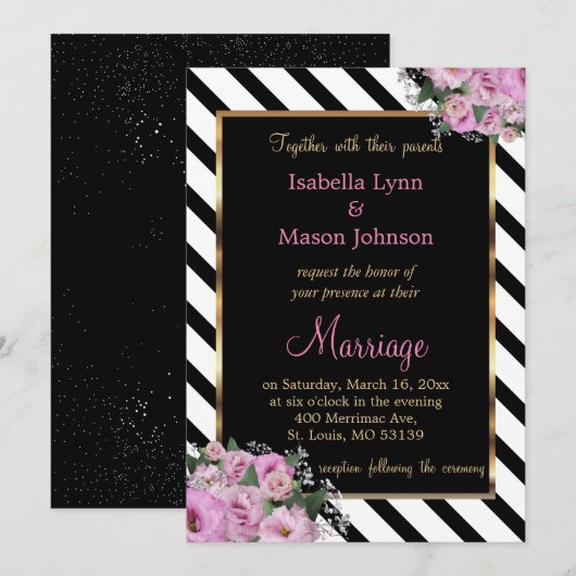 Roze Rose Wedding Zwart & Wit Stripe Kaart (Voorkant / Achterkant)