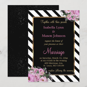 Roze Rose Wedding Zwart & Wit Stripe Kaart