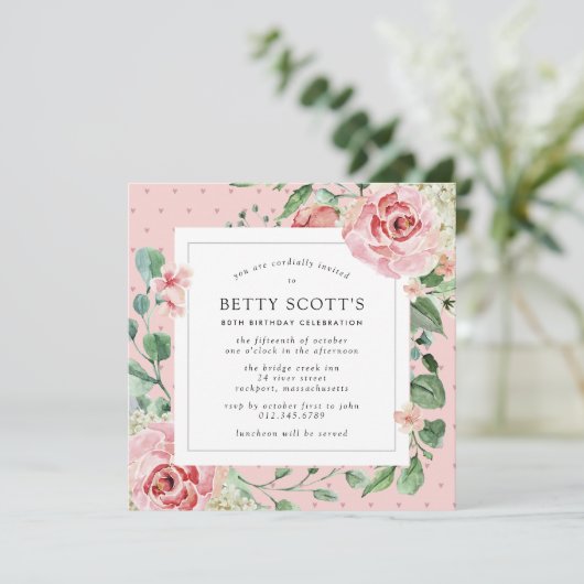 Roze Rose White Hydrangea 80th Birthday Party Kaart (Staand voorkant)