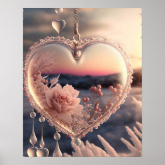Roze Rose Winter Scène Glas Hart Poster