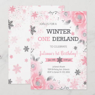 Roze Rose Winter Wonderland 1e Verjaardag Uitnodig Kaart