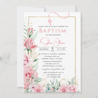 Roze Roses Baptism Girl Invitation Kaart