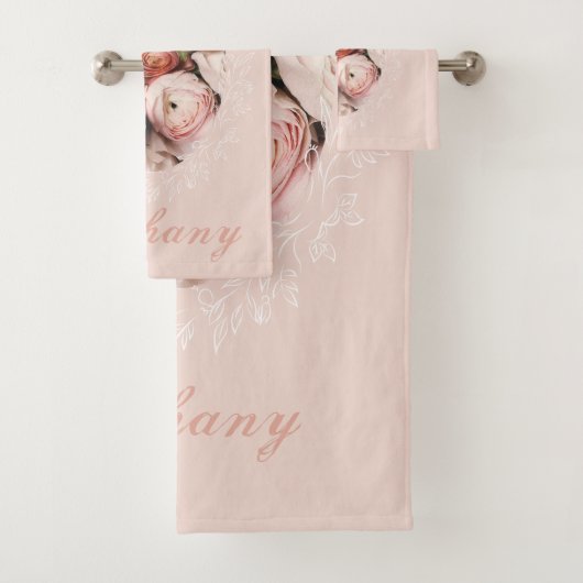 Roze Roses Bouquet Elegant  naam Monogram Bad Handdoek (Insitu)
