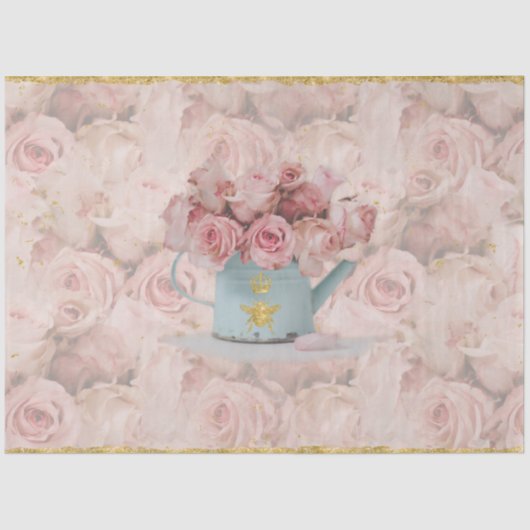 Roze Roses Bouquet Gold Bee Crown Blue-ontkoppelin Tissuepapier (Voorkant)