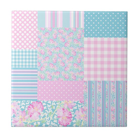 Roze Roses Butterflies Faux Patchwork Ceramic Tile Tegeltje (Voorkant)