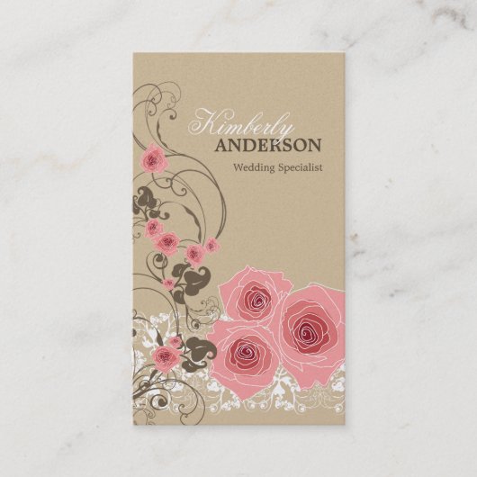 Roze Roses Damask Lace Fleur Elegant Chic  Visitekaartje (Voorkant)