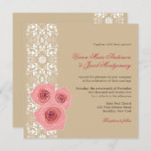 Roze Roses Damask Lace Wedding Invite & Reception Kaart (Voorkant / Achterkant)