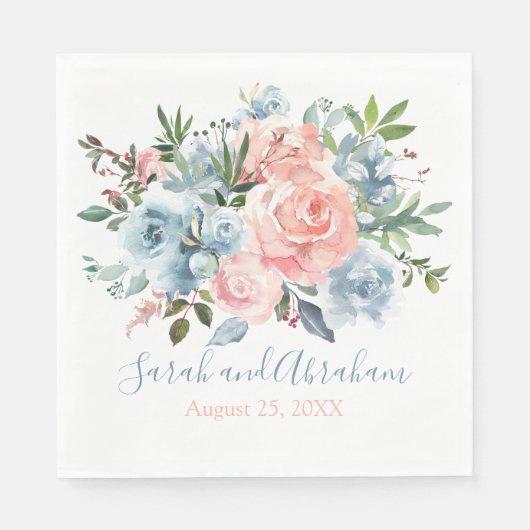 Roze Roses Dusty Blue Floral Wedding Paper Napkins Servet (Voorkant)