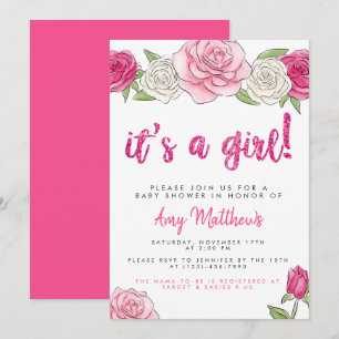 Roze Roses Floral Baby shower Uitnodiging