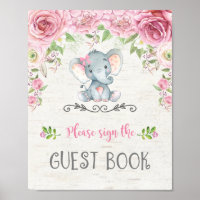 Roze Roses Floral Elephant Baby Guest Book Sign