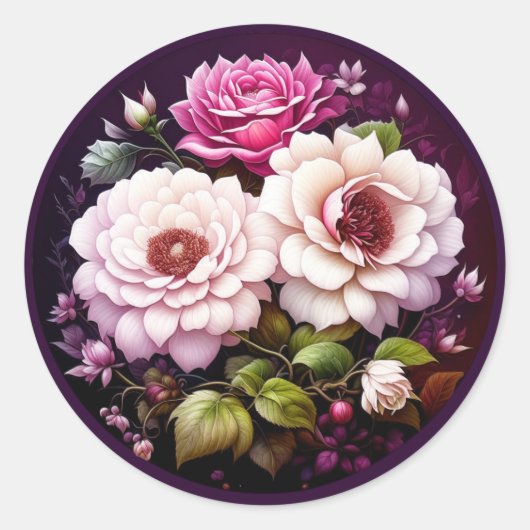 Roze Roses Floral Ronde Sticker (Voorkant)