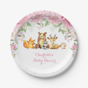 Roze Roses Floral Woodland Baby shower 7" Bord