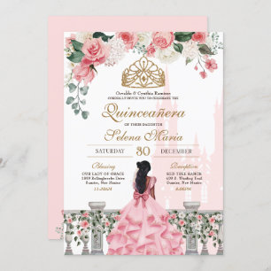 Roze Roses & Gold Princess Fairytale Quinceanera Kaart