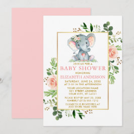 Roze Roses Greenery Elephant Baby shower Gold Kaart