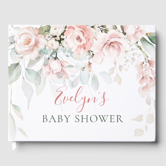 Roze Roses Greenery Foliage Baby shower Guest Book Gastenboek (Voorkant)