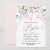 Roze Roses Greenery Foliage Baptisme Invitation Kaart (Voorkant / Achterkant)
