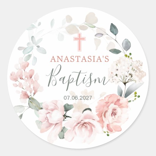 Roze Roses Greenery Foliage Baptisme Ronde Sticker (Voorkant)