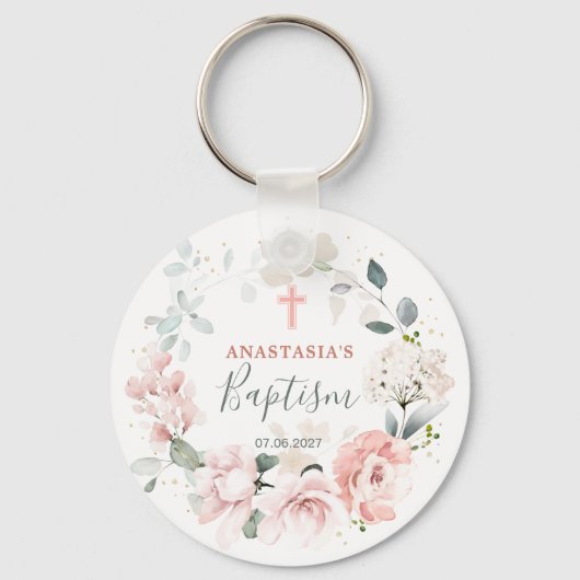 Roze Roses Greenery Foliage Cross Baptisme Sleutelhanger (Voorkant)