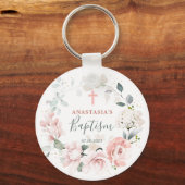 Roze Roses Greenery Foliage Cross Baptisme Sleutelhanger (Voorkant)