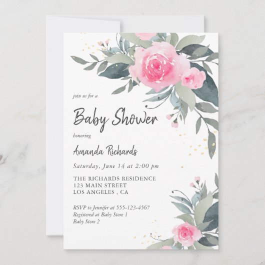 Roze Roses Greenery Girl Baby shower Kaart (Voorkant)