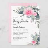 Roze Roses Greenery Girl Baby shower Kaart (Voorkant / Achterkant)