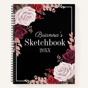 Roze Roses Jouw naam Black Sketchbook Notitieboek