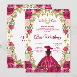 Roze Roses Mexican Girl 15th Birthday Invitation Kaart