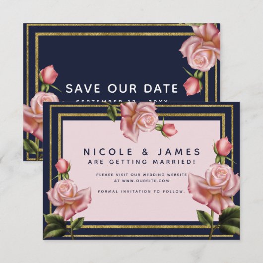 Roze Roses Navy Blue & Gold Modern Save the Date Kaart (Voorkant / Achterkant)
