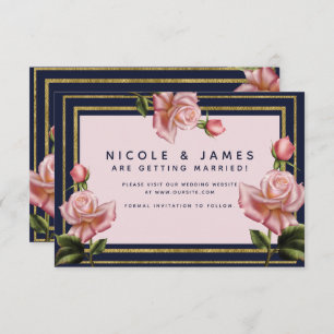 Roze Roses Navy Blue & Gold Modern Save the Date Kaart