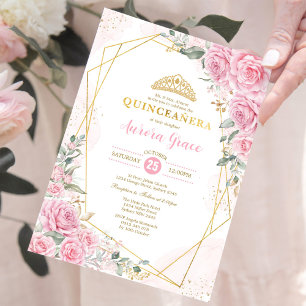 Roze Roses Princess Quinceañera Gold Geometric Kaart