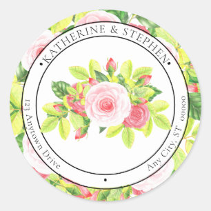 Roze Roses Waterverf Boho Floral Return Address Ronde Sticker