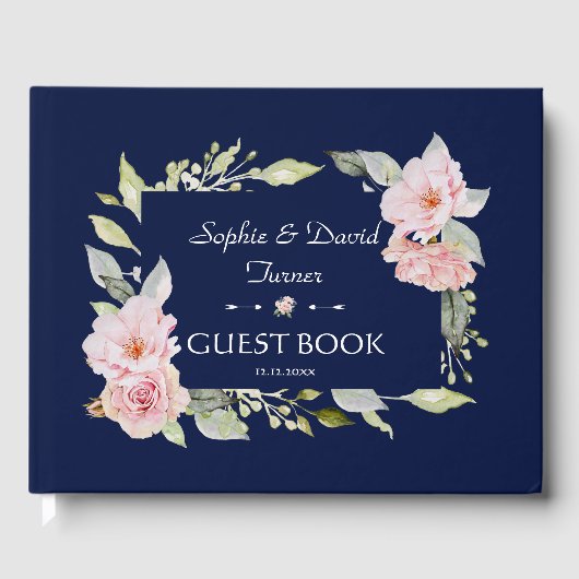 Roze Roze Bloei Navyblauwe Huwelijk Gastenboek (Voorkant)