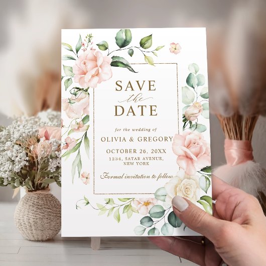 Roze Roze Bloem Gouden Frame Save The Date