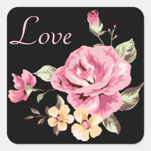 Roze roze bloemen Zwarte Floral liefdestikkers Vierkante Sticker