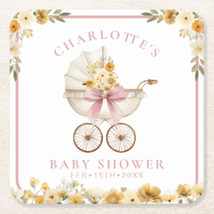 Roze Roze Bloemendraagster Baby Shower Coaster Vierkante Kartonnen Onderzetter