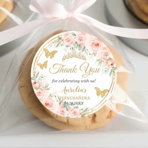 Roze Roze Bloemige Champagne Goud Vlinders Favor Ronde Sticker