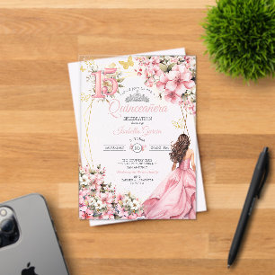 Roze Roze Bloemige Gouden Vlinders Quinceañera Acryl Uitnodigingen