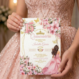 Roze Roze Bloemige Gouden Vlinders Quinceañera Kaart