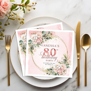 Roze Roze Bloemige Groene 80ste Verjaardagsfeest Servet