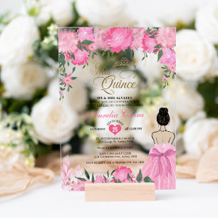 Roze Roze Bloemige Prinses Mis Quince Quinceañera Acryl Uitnodigingen