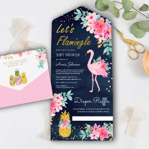Roze Roze Bloemige Tropische Flamingo Baby Shower All In One Uitnodiging